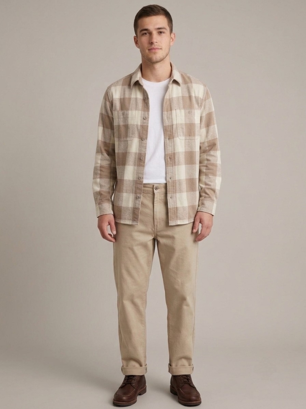 UNIQLO Plaid Overshirt Men Tan Beige Shirt Cotton Button Up Top Jacket Size S